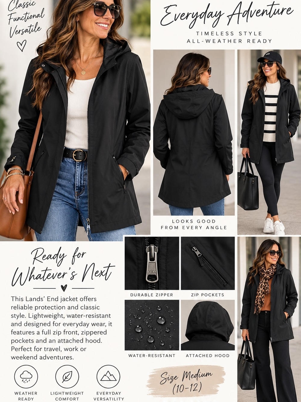 Lands' End Black Hooded Trench Coat
